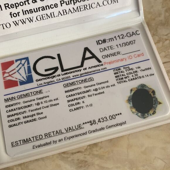 6.14 Carat Natural Blue Sapphire & Diamond 14K Gold Halo Ring GLA Certified - Picture 11 of 11